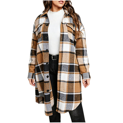 Chemise-veste décontractée à carreaux et boutons pour femme, coupe longue