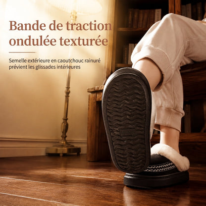 Pantoufles chaudes et épaisses pour femme, chaussures d'intérieur antidérapantes avec bordure en dentelle