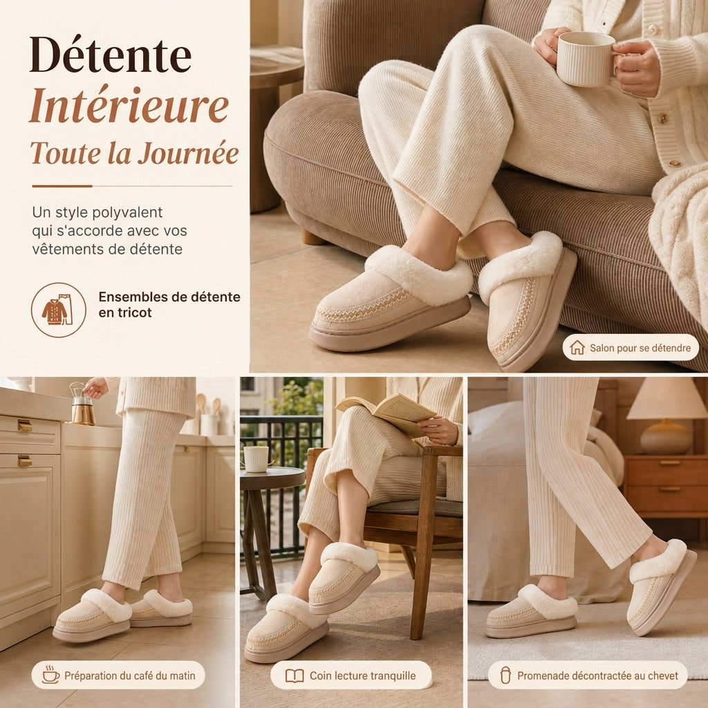 Pantoufles chaudes et épaisses pour femme, chaussures d'intérieur antidérapantes avec bordure en dentelle