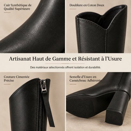 Bottes d'équitation genoux pointues pour femme, à talons haurs épais et fermeture éclair arrière