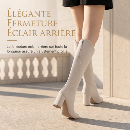 Bottes d'équitation genoux pointues pour femme, à talons haurs épais et fermeture éclair arrière