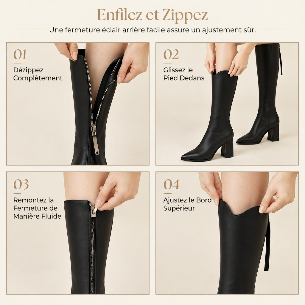 Bottes d'équitation genoux pointues pour femme, à talons haurs épais et fermeture éclair arrière