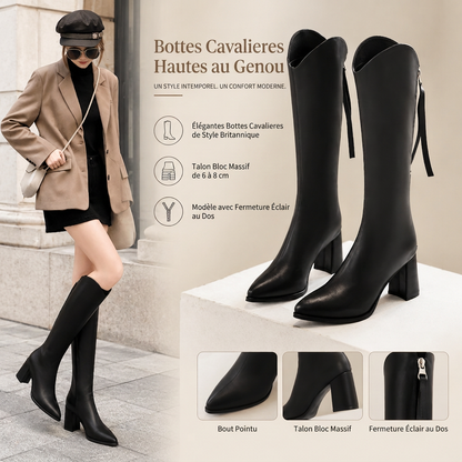 Bottes d'équitation genoux pointues pour femme, à talons haurs épais et fermeture éclair arrière
