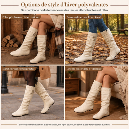 Bottes hautes genouillères femme rétro en daim slouchy confortables à semelle plate et double boucle
