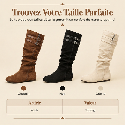 Bottes hautes genouillères femme rétro en daim slouchy confortables à semelle plate et double boucle
