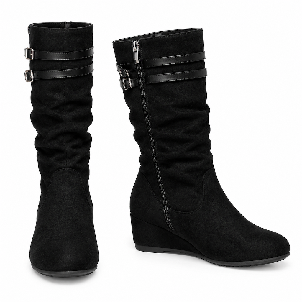 Bottes hautes genouillères femme rétro en daim slouchy confortables à semelle plate et double boucle