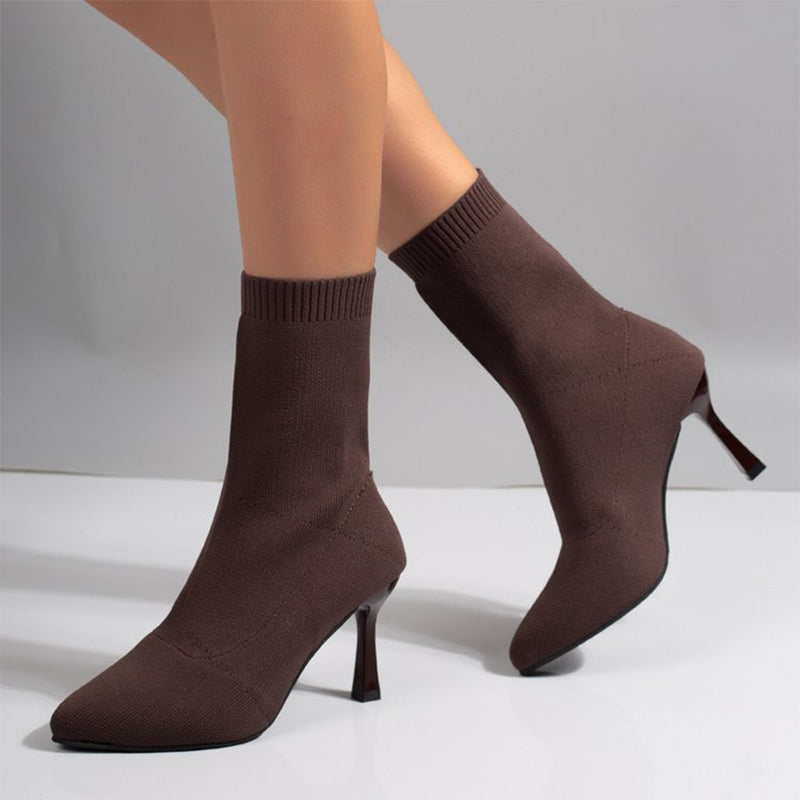 Bottes Femme élégantes à Bout Pointu et Talon Aiguille en Maille