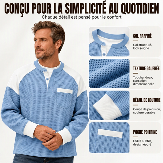 Haut Henley décontracté en maille gaufrée à blocs de couleurs pour hommes