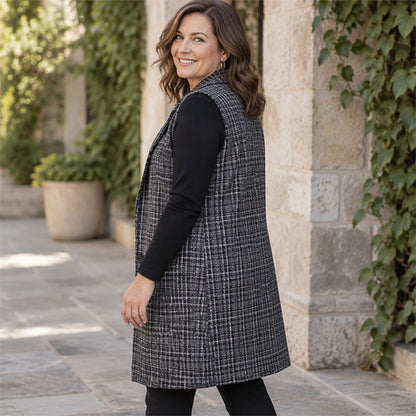 Gilet long à carreaux pour femme avec col à revers
