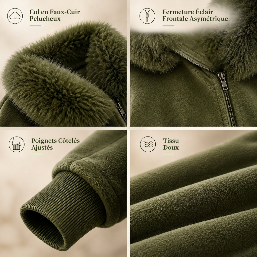 Manteau décontracté pour femme avec col en fausse fourrure pelucheuse et fermeture éclair asymétrique
