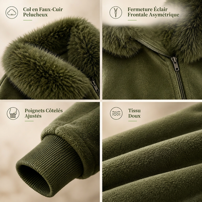 Manteau décontracté pour femme avec col en fausse fourrure pelucheuse et fermeture éclair asymétrique