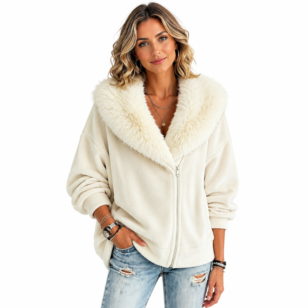 Manteau décontracté pour femme avec col en fausse fourrure pelucheuse et fermeture éclair asymétrique