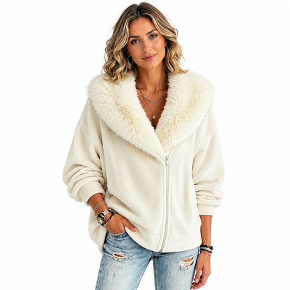 Manteau décontracté pour femme avec col en fausse fourrure pelucheuse et fermeture éclair asymétrique