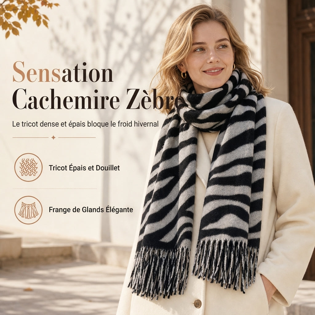 Foulard en fausse cachemire à imprimé zébré pour femmes, châle et écharpe d'hiver épais et chauds avec pompons