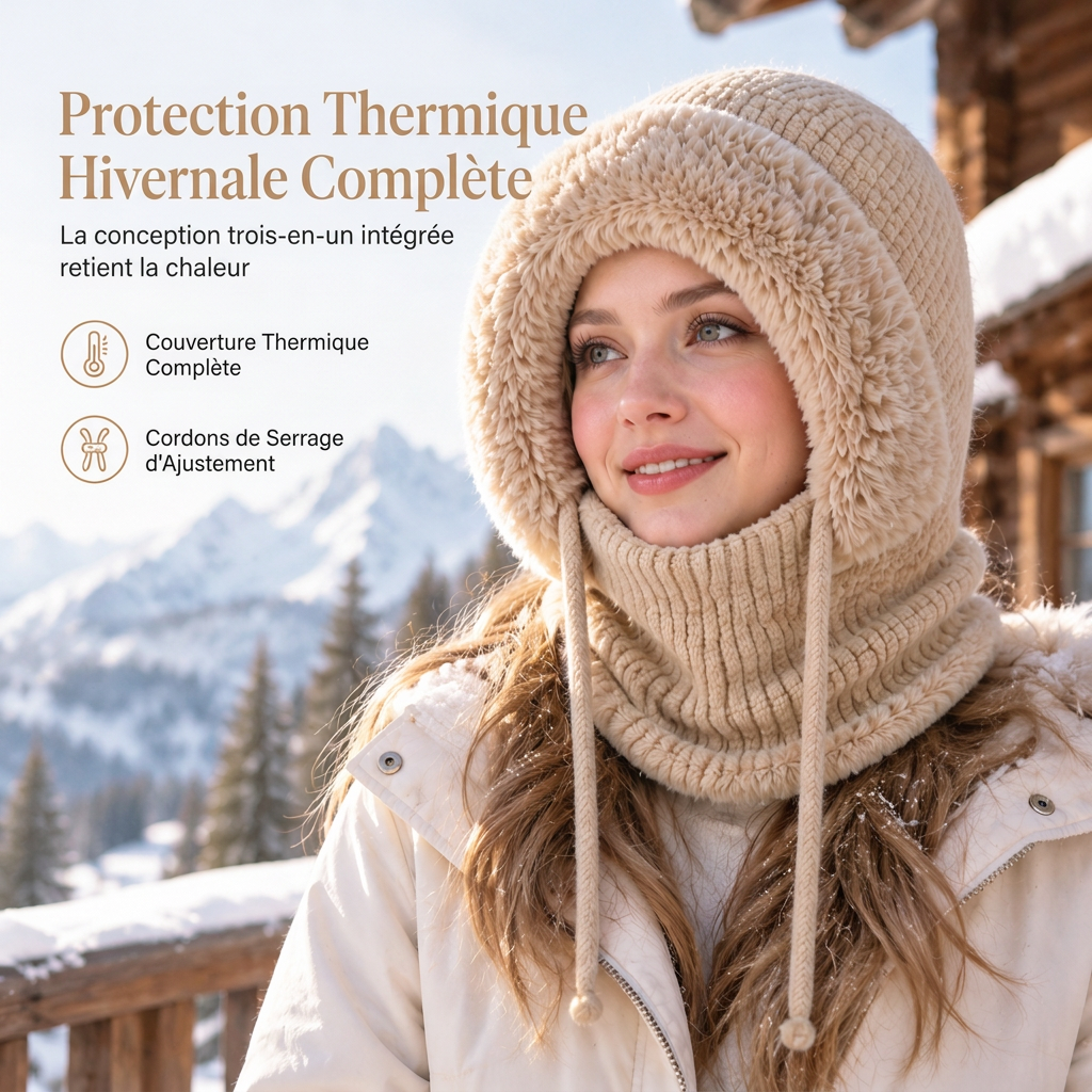 Bonnet en tricot épais pour femme avec tour de cou et masque facial intégrés, bonnet chaud de protection des oreilles pour les activités extérieures en hiver