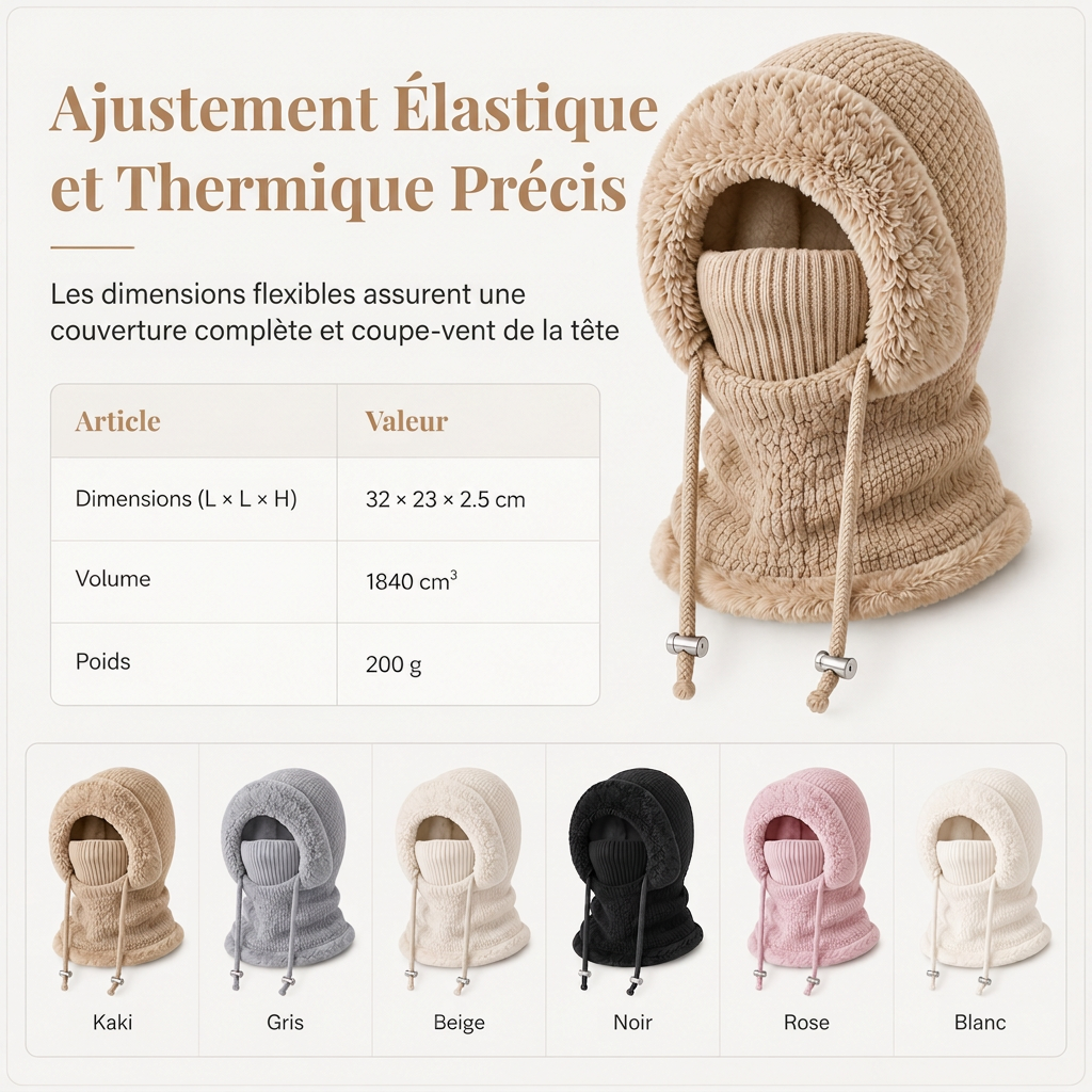 Bonnet en tricot épais pour femme avec tour de cou et masque facial intégrés, bonnet chaud de protection des oreilles pour les activités extérieures en hiver
