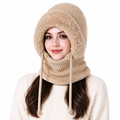 Bonnet en tricot épais pour femme avec tour de cou et masque facial intégrés, bonnet chaud de protection des oreilles pour les activités extérieures en hiver