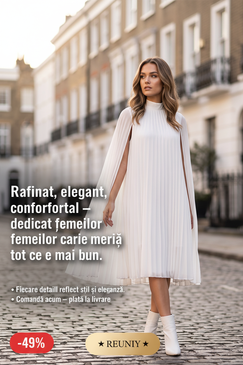 White Cape Sleeve Pleated Dress Ad