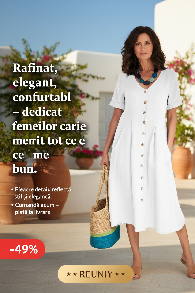 White Linen Button Dress Ad
